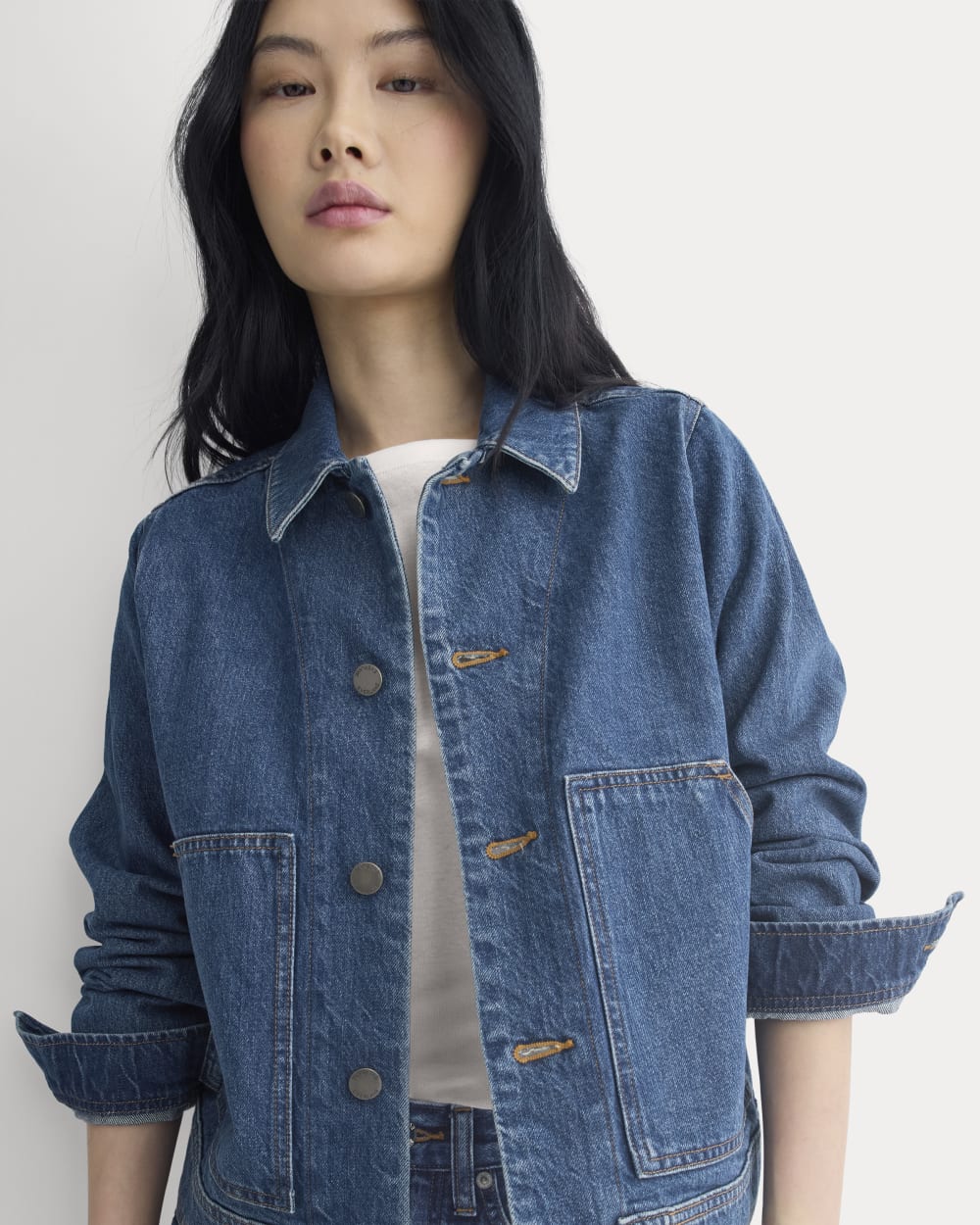 Denim Chore Jacket in Mid Indigo — detail view