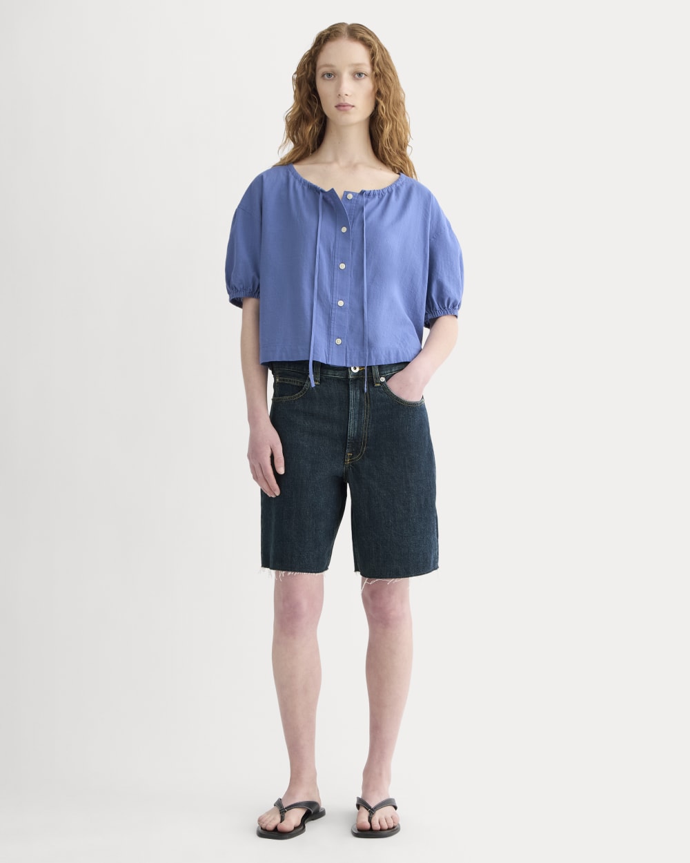 The Gauze Button-Up in Soft Cobalt — detail view