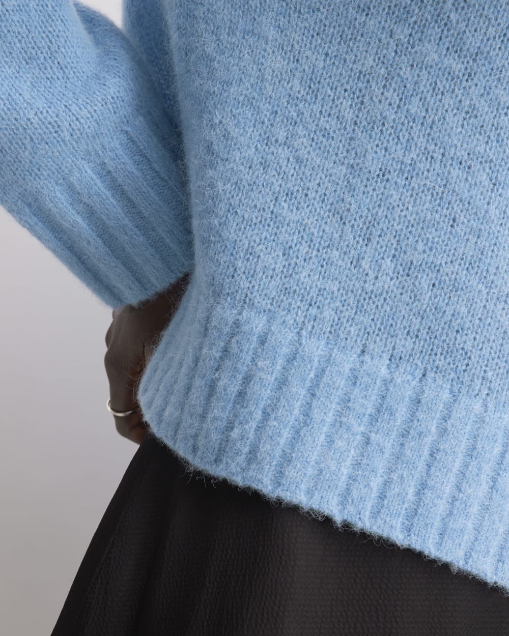The Alpaca Cropped Crewneck Sweater in Heritage Blue — detail view