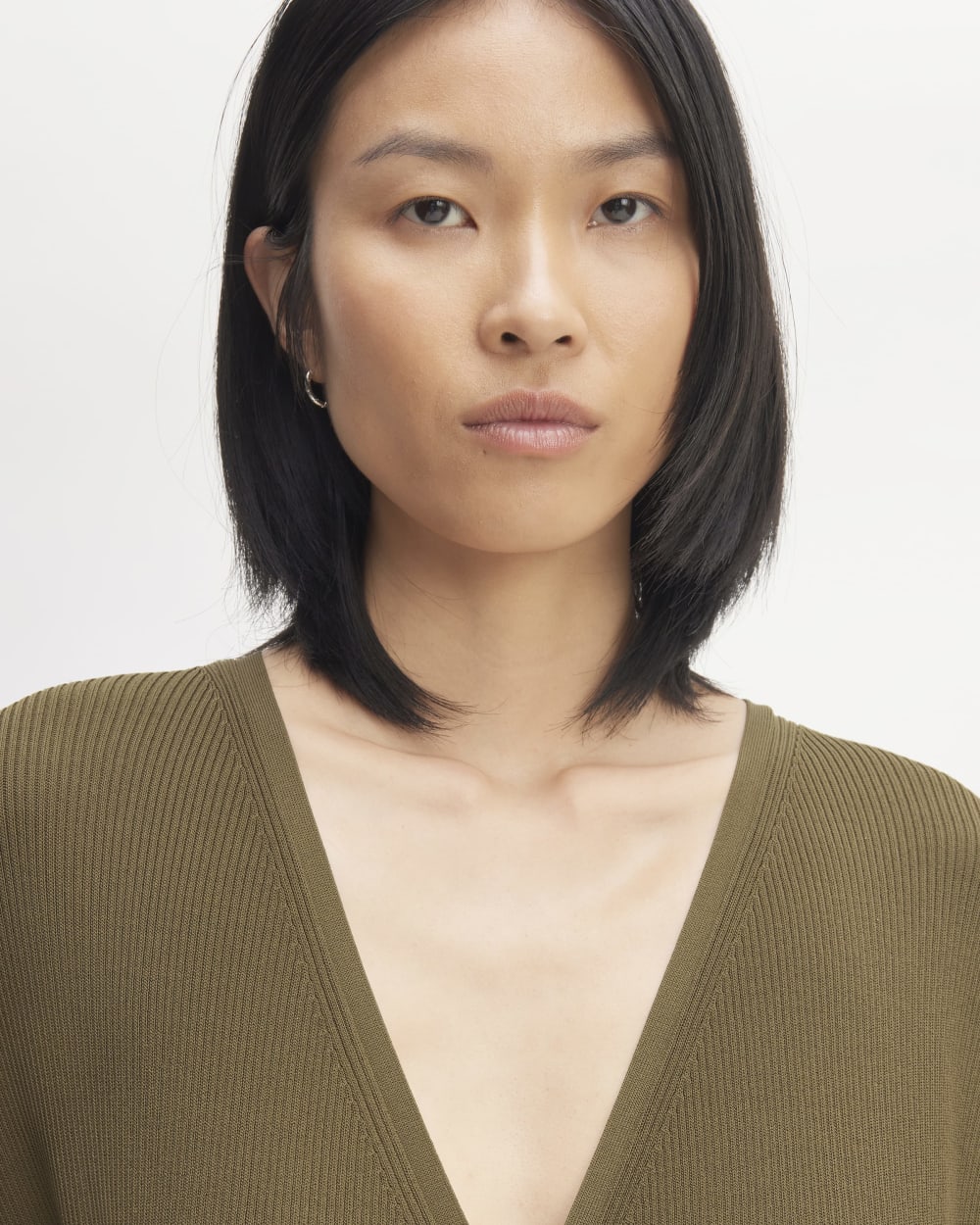 The Ribbed Wrap Midi Dress in Beech — detail view
