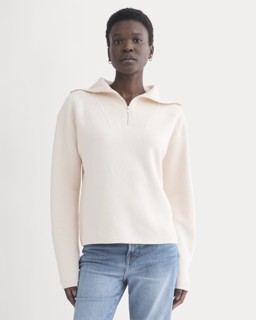 Double Knit Half-Zip in Cotton Merino in Bone/Cream/Sand/Light Camel — detail view