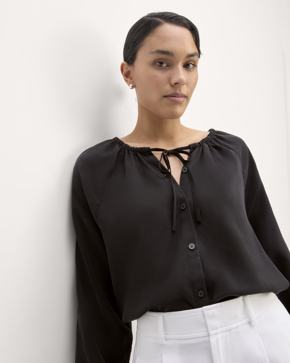 The Gathered Shirt in Butterlite in Black — detail view
