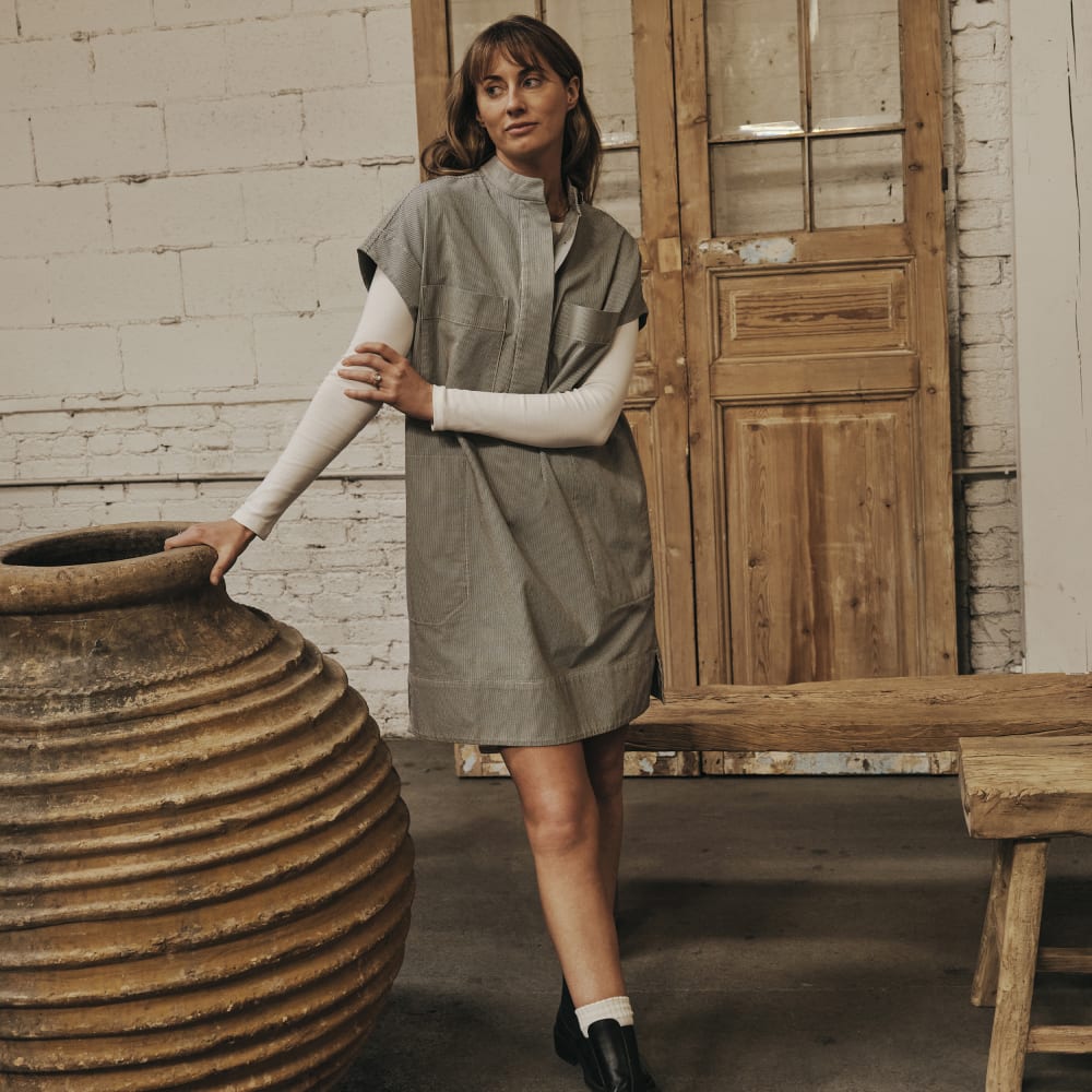 The Easy Workwear Dress in Canvas Tan / Navy — detail view