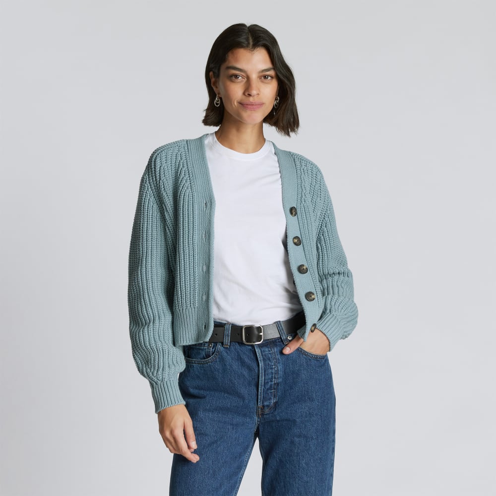 The Texture Cotton Cardigan in Blue Shadow — front view