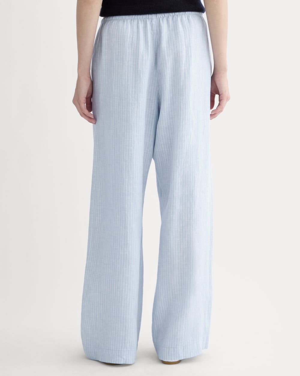 The Drawstring Pant in Linen in Sky Blue / White — detail view