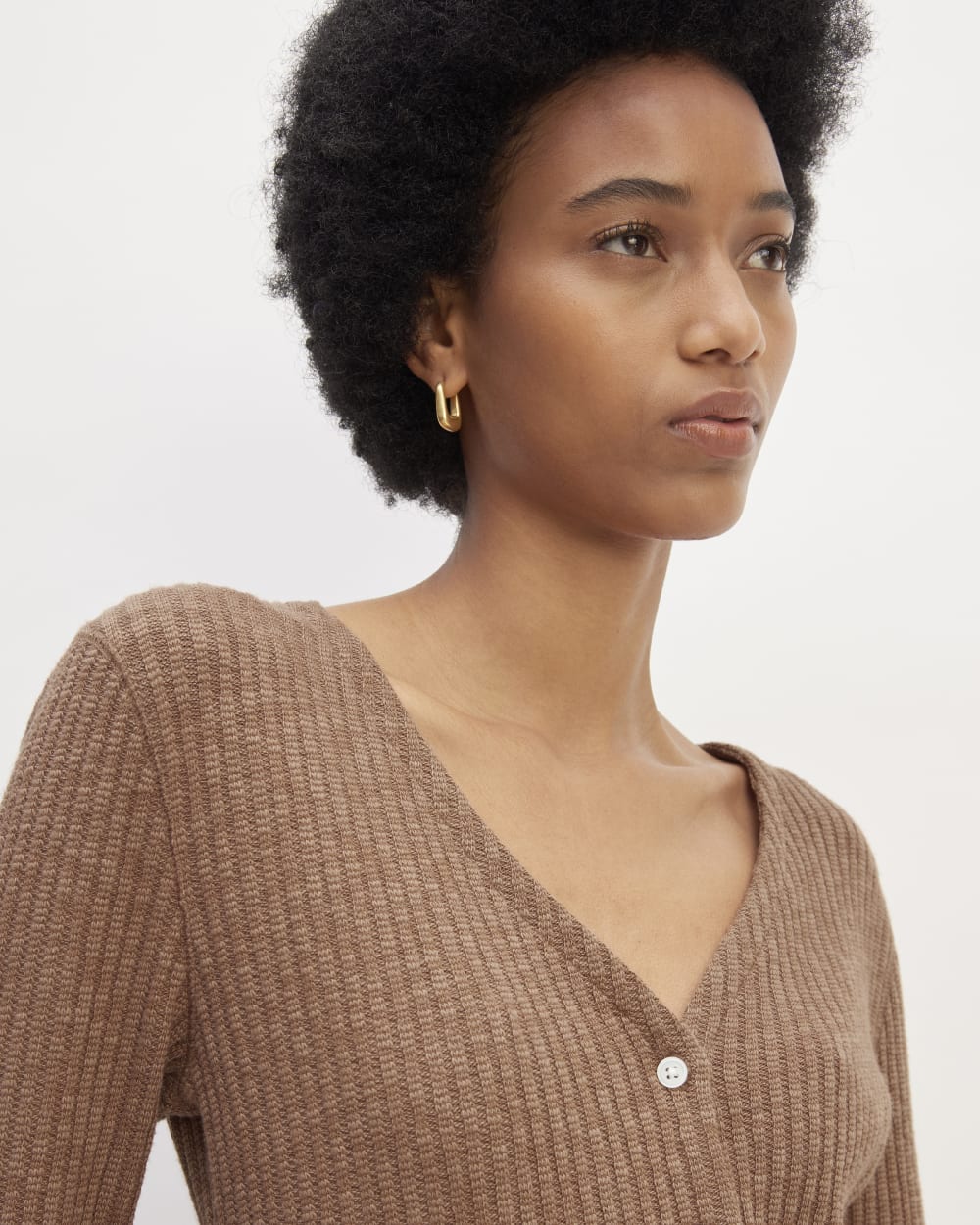 The Cozy Rib Cardigan in Carob Brown — detail view