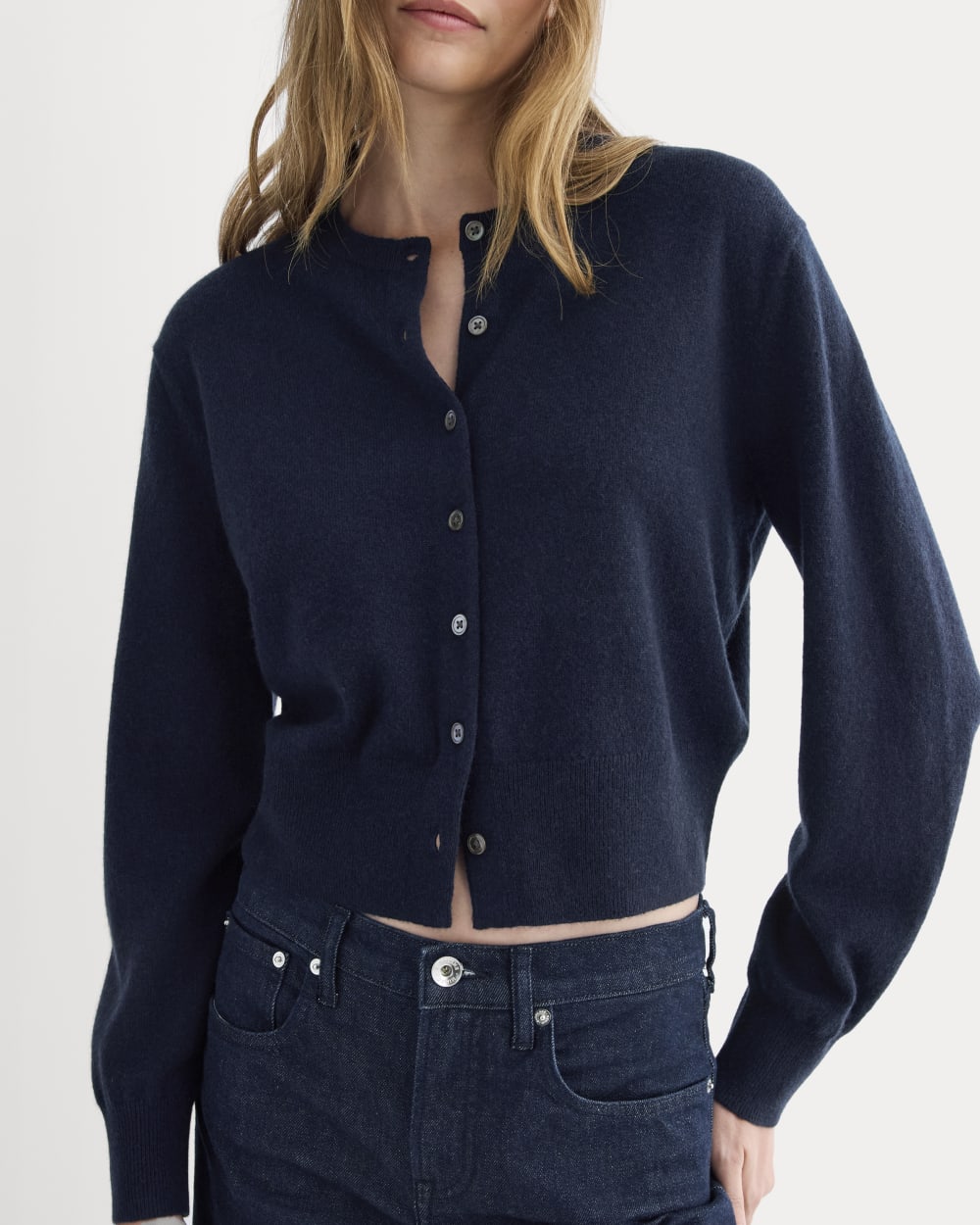 Cashmere Cropped Cardigan in Navy — detail view