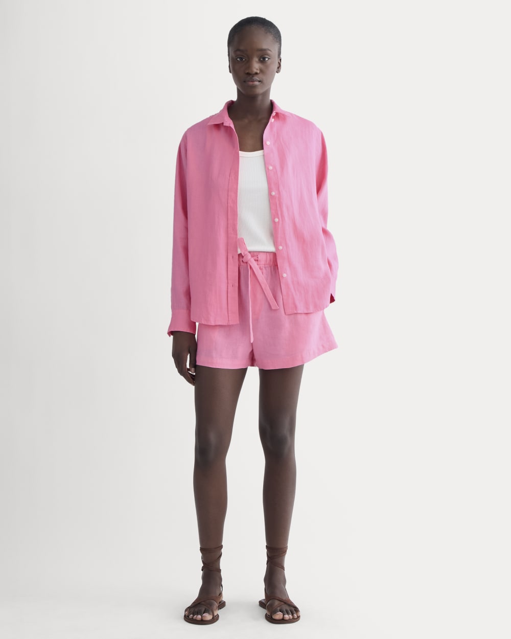 The Drawstring Boxer Short in Linen in Deep Pink — front view