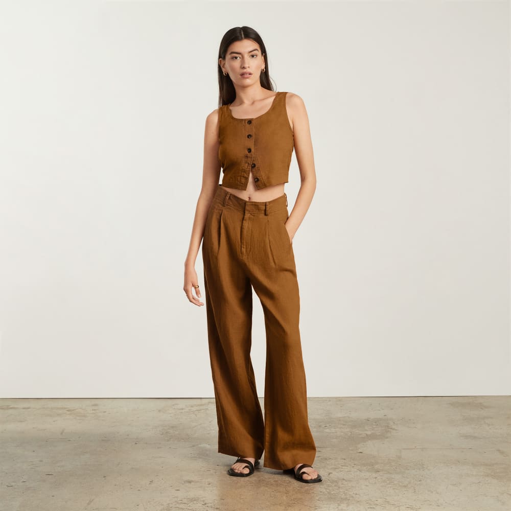 The Linen Way-High® Drape Pant in Tawny Brown — detail view
