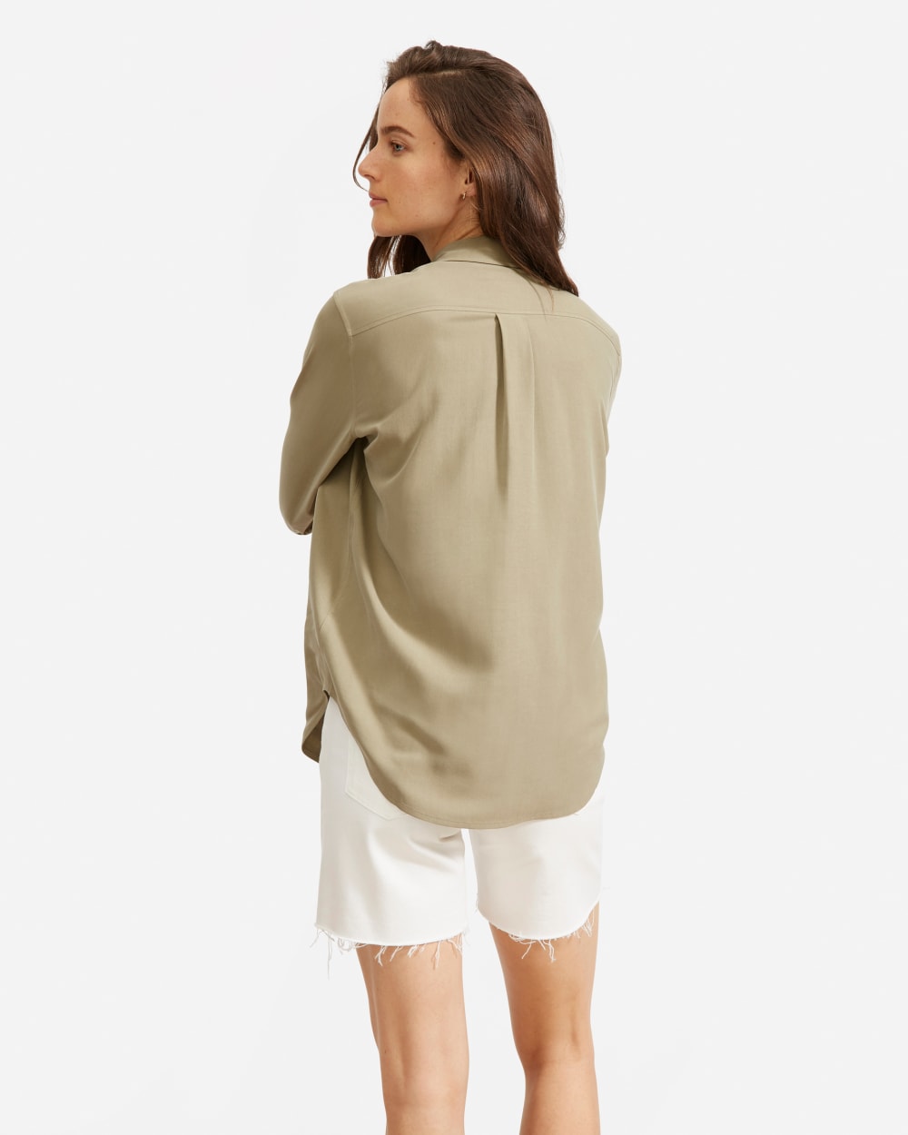 The Washable Silk Relaxed Shirt in Covert Green — detail view