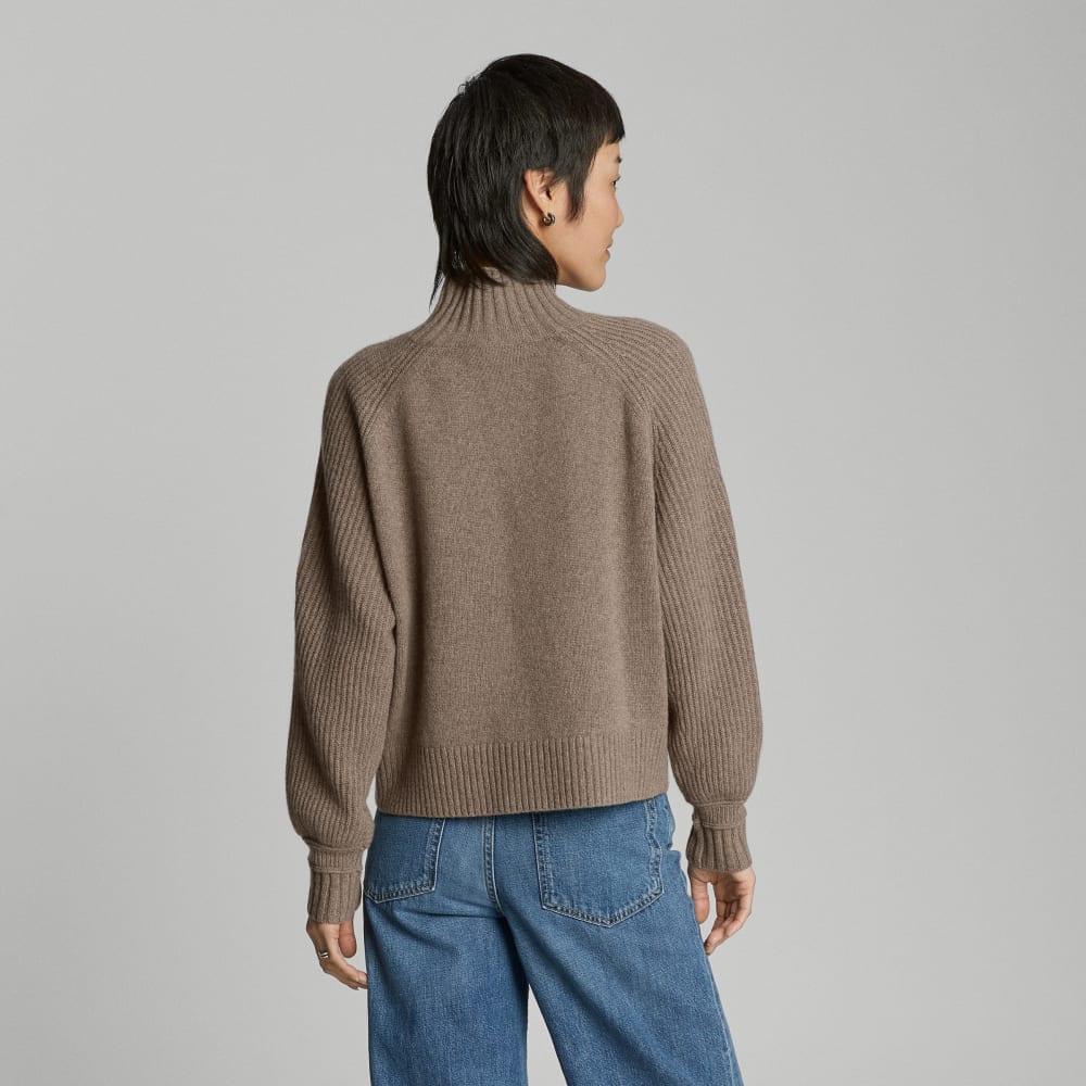 The Cashmere Ribbed Turtleneck in Heathered Taupe Grey — detail view