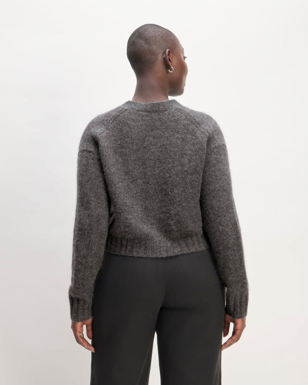 The Alpaca V-Neck Cropped Cardigan in Dark Charcoal — detail view