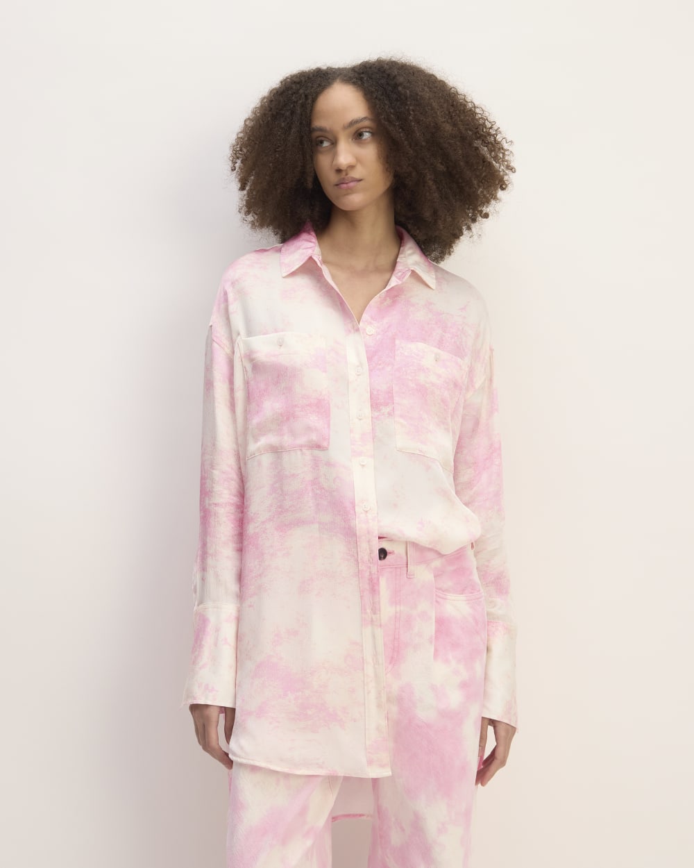 The Everlane x Marques' Almeida Satin Tie-Dye Shirt in Pink Tie-Dye — detail view
