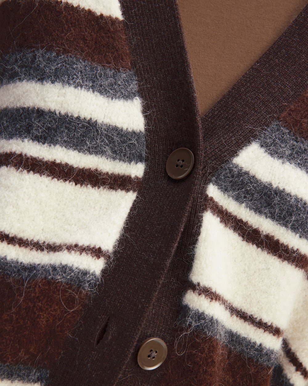The SuperFuzz Alpaca Cardigan in Bone / Hot Fudge / Heather Charcoal — detail view
