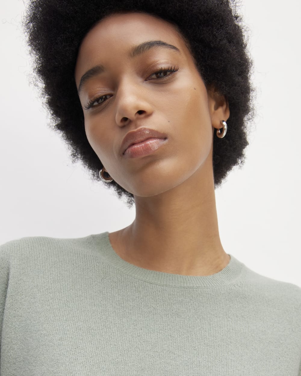 The Classic Crew in Cashmere in Light Sage Green — detail view