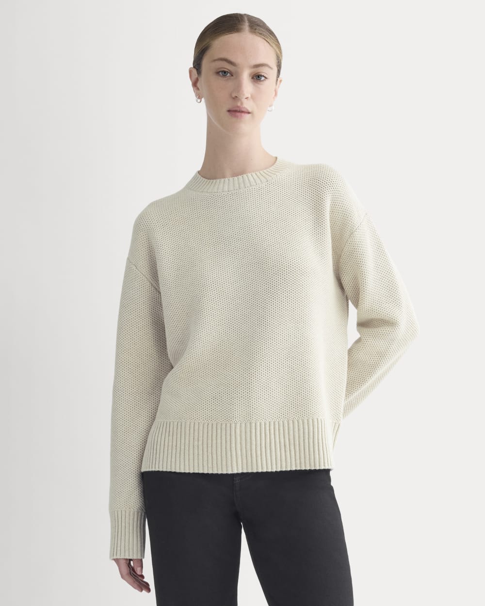 The Cotton Honeycomb Square Crew in Heathered Oat — front view