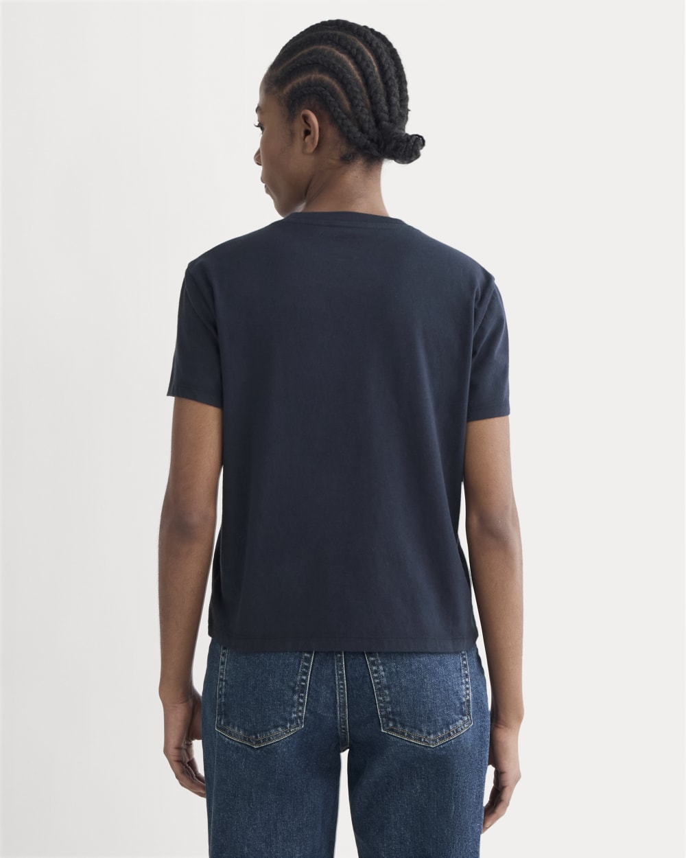 The Box-Cut Tee in Essential Cotton in Navy — detail view