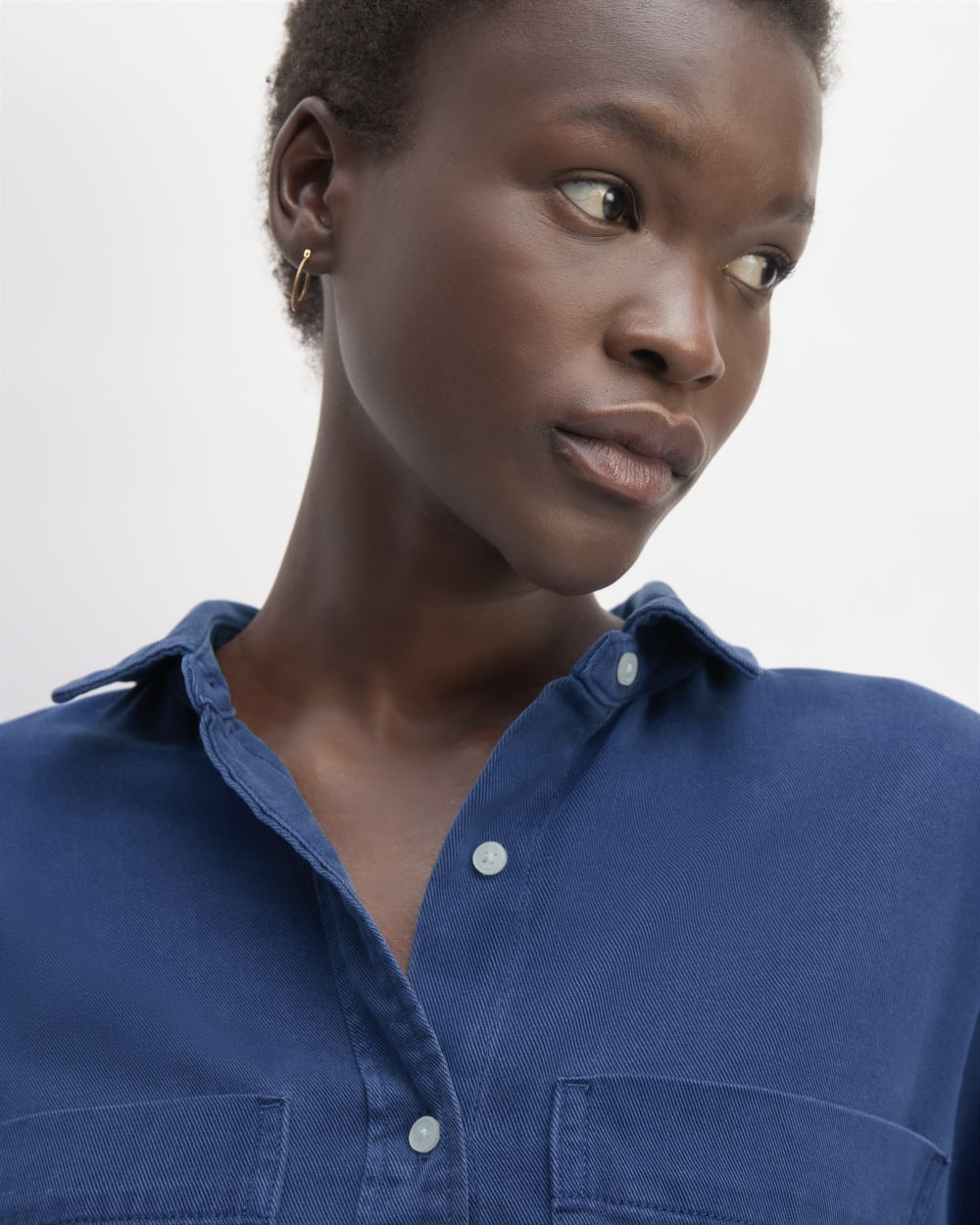 The Boxy Overshirt in Buttersoft in Bellwether Blue — detail view