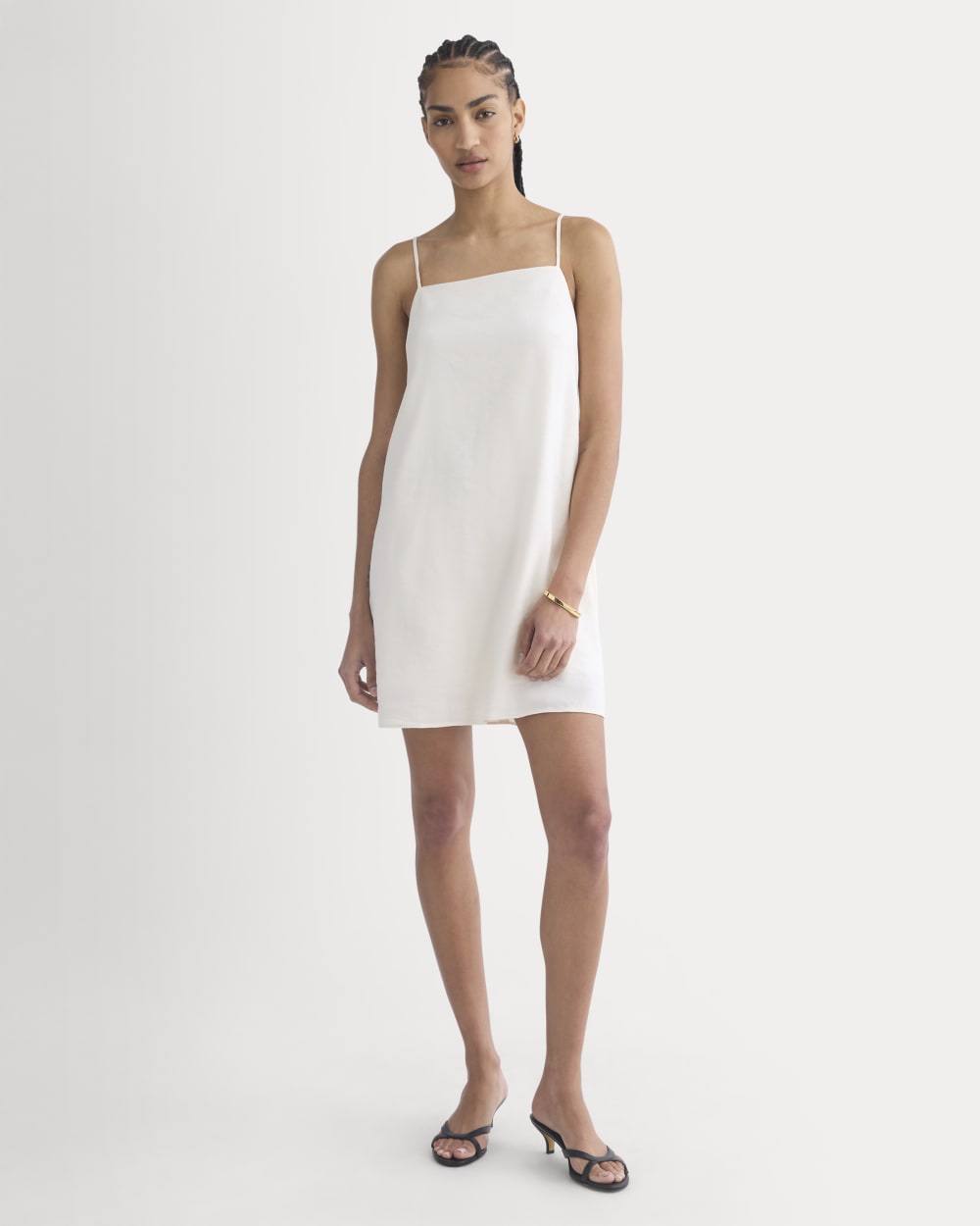 Mini Shift Dress in Stretch Linen in Bone — detail view