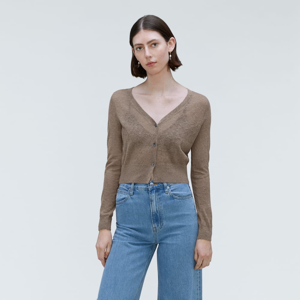 The Featherweight Alpaca Cardigan in Taupe Grey — front view