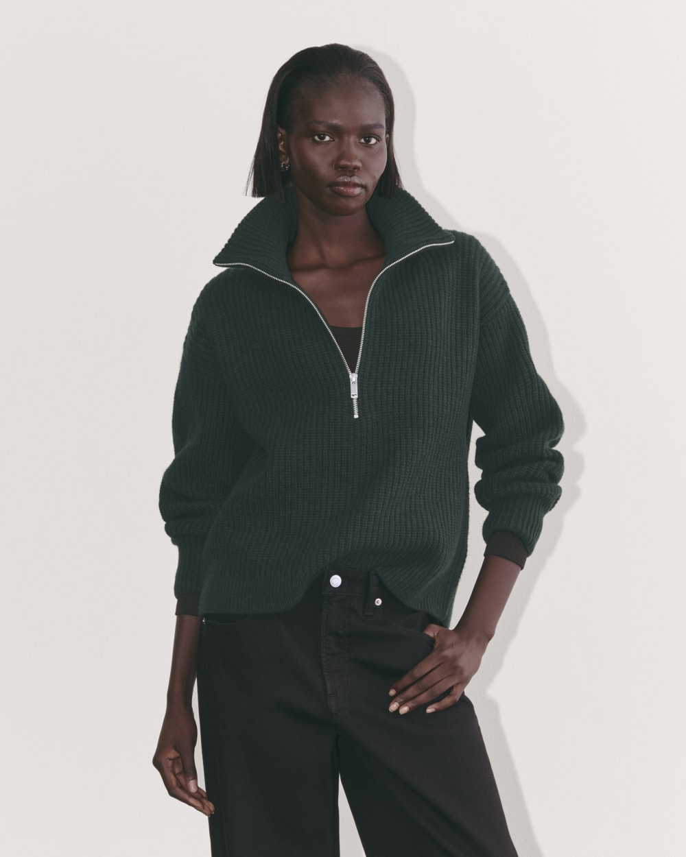 The Half-Zip Sweater in Luxe Merino in Heather Scarab Green — front view