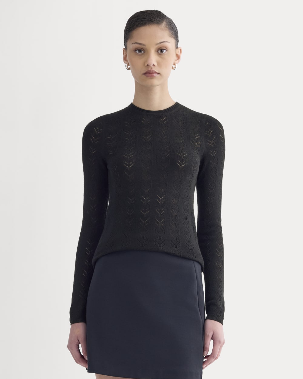 The Pointelle Crew in Ultrasoft Merino in Black — front view