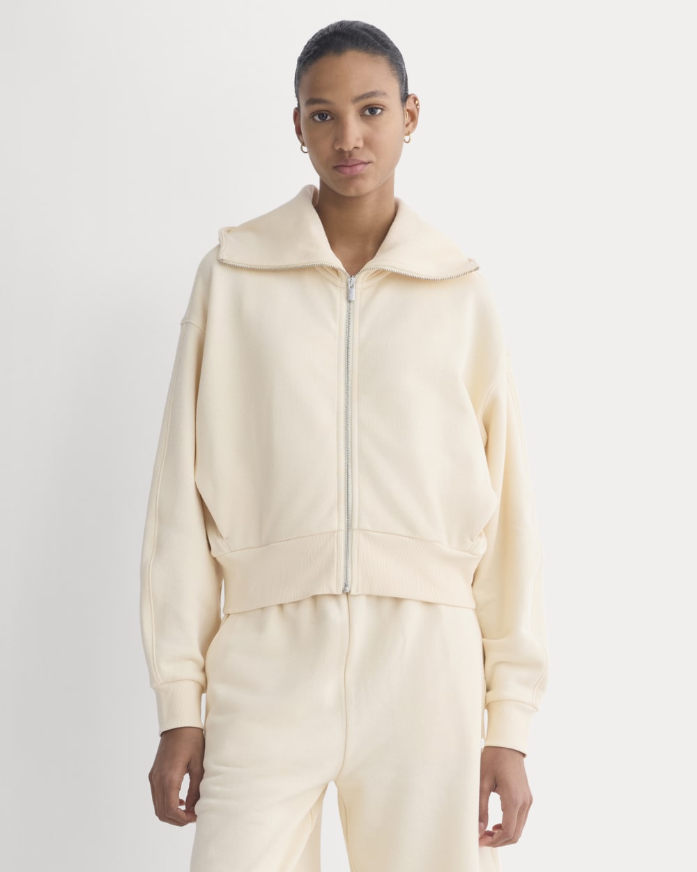 Lightweight Terry Cropped Full-Zip in Parchment — front view