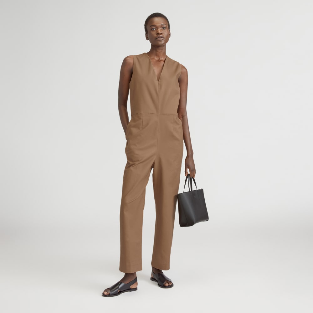 The Structured Cotton Jumpsuit in Toasted Coconut — front view