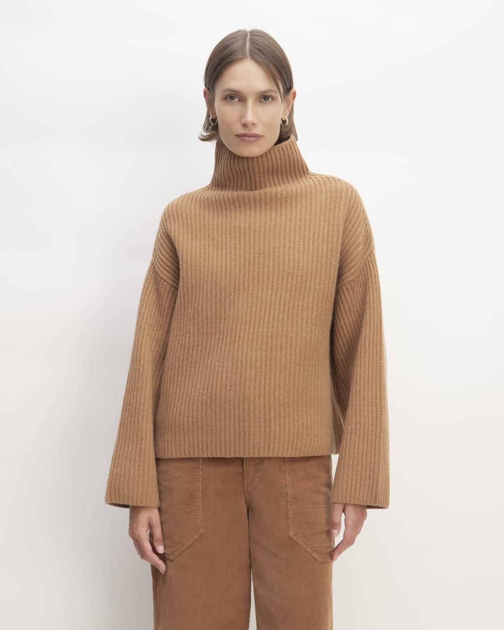 The Felted Merino Funnel-Neck Pullover in Deep Camel — front view