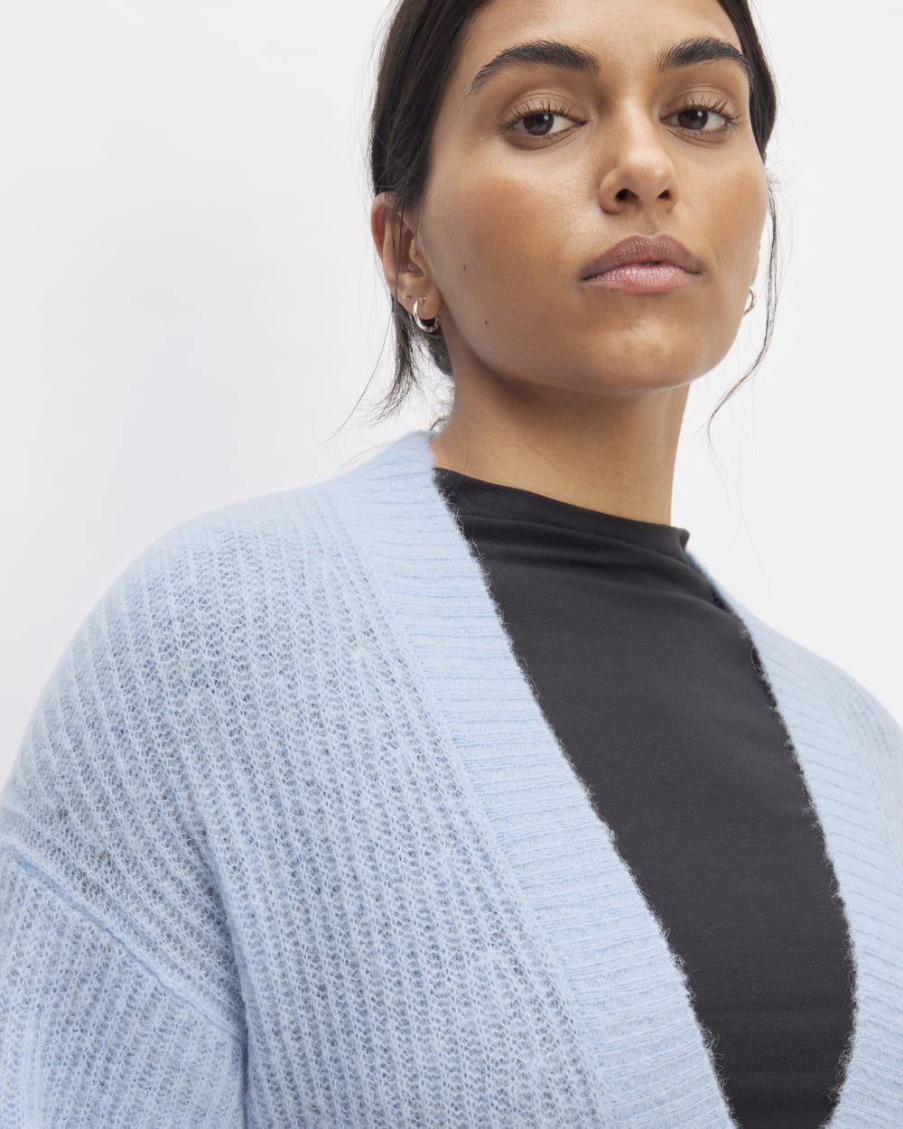 The Alpaca Oversized Cardigan in Chambray Blue — detail view