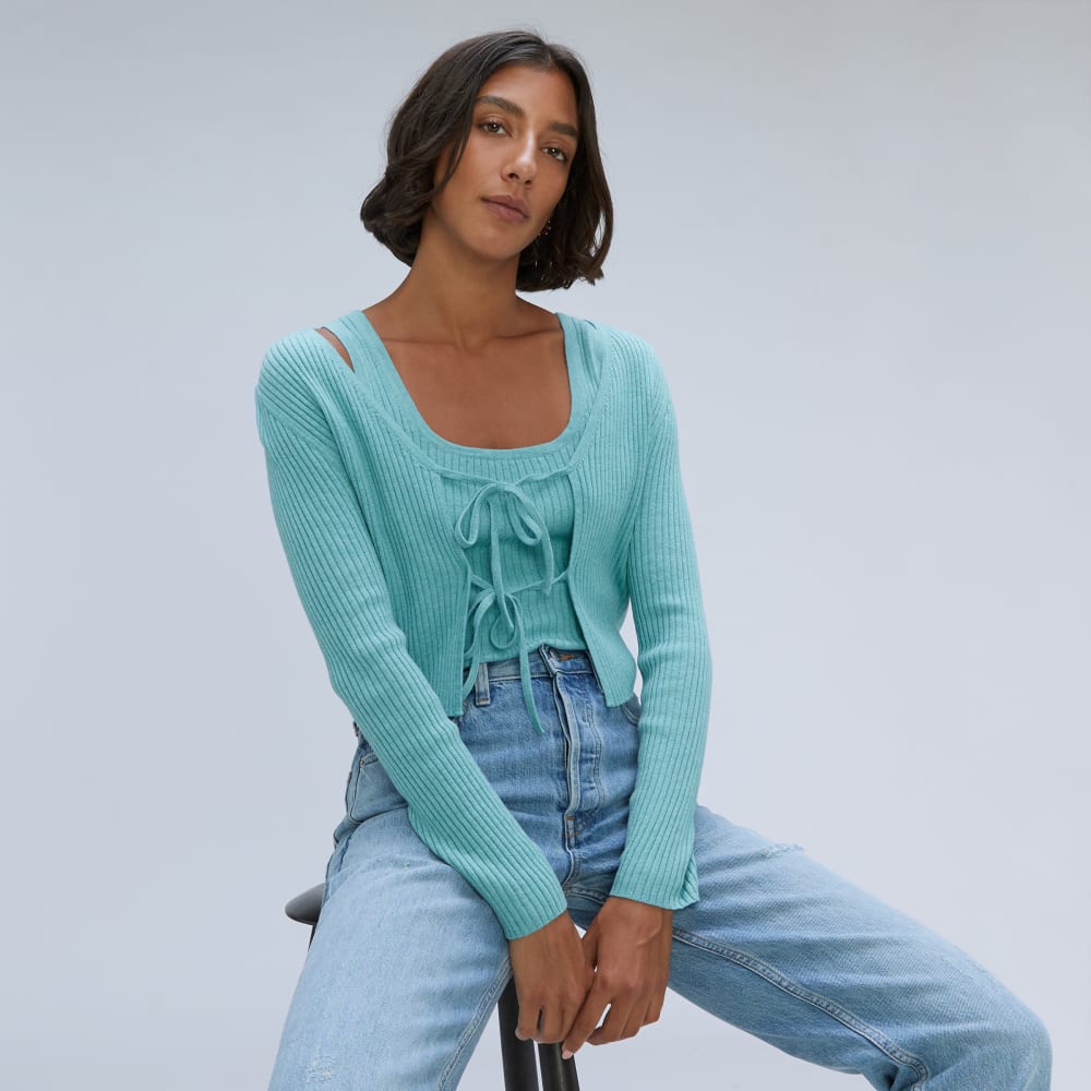 The Cotton-Merino Front-Tie Top in Deep Turquoise — detail view