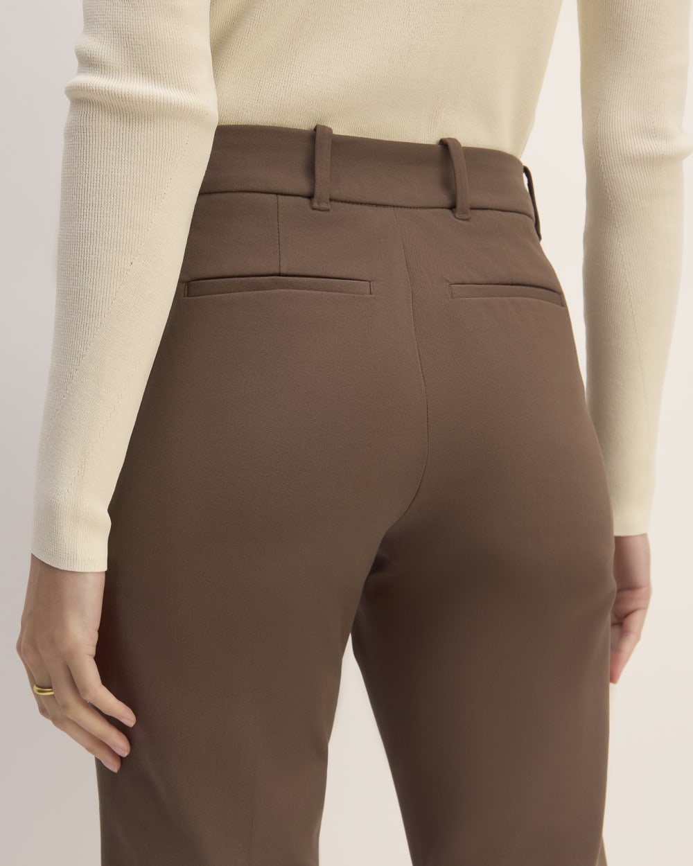 The Bi-Stretch Flare Pant in Cocoa — detail view