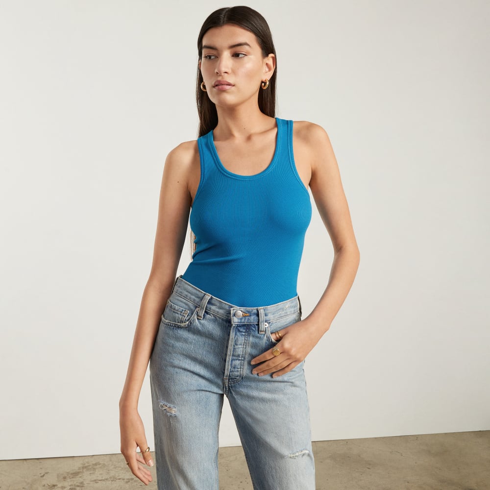 The Pima Micro-Rib U-neck Tank in Horizon Blue — detail view