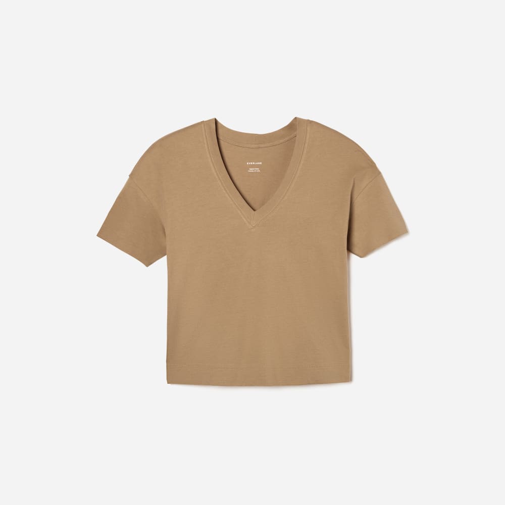 The Organic Cotton Slouchy V-Neck in Iced Coffee — front view