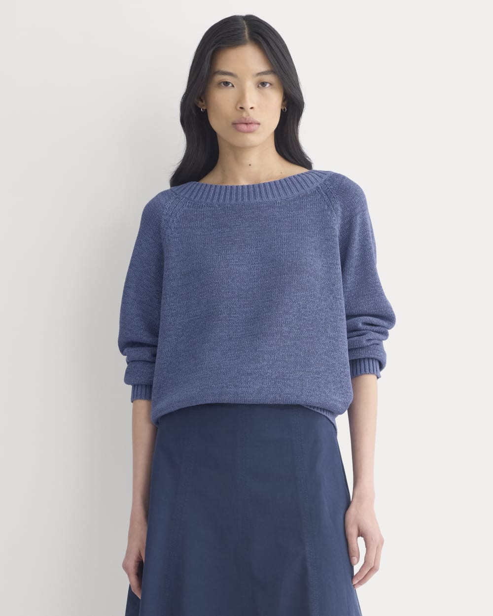Wide-Neck Crew Sweater in Tape Yarn in Blue Dusk — front view