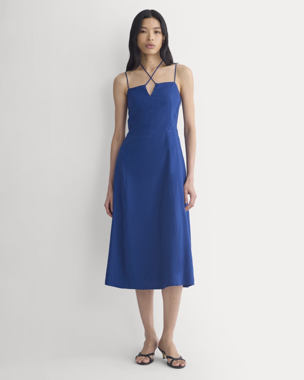 Tie-Neck Dress in Stretch Linen in Estate Blue — front view