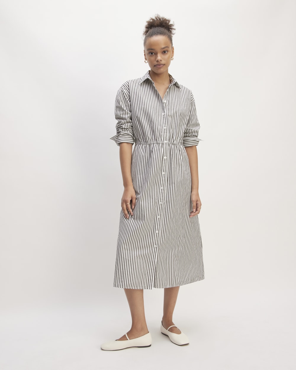 The Supima® Cotton Midi Shirt Dress in Optic White / Black — front view