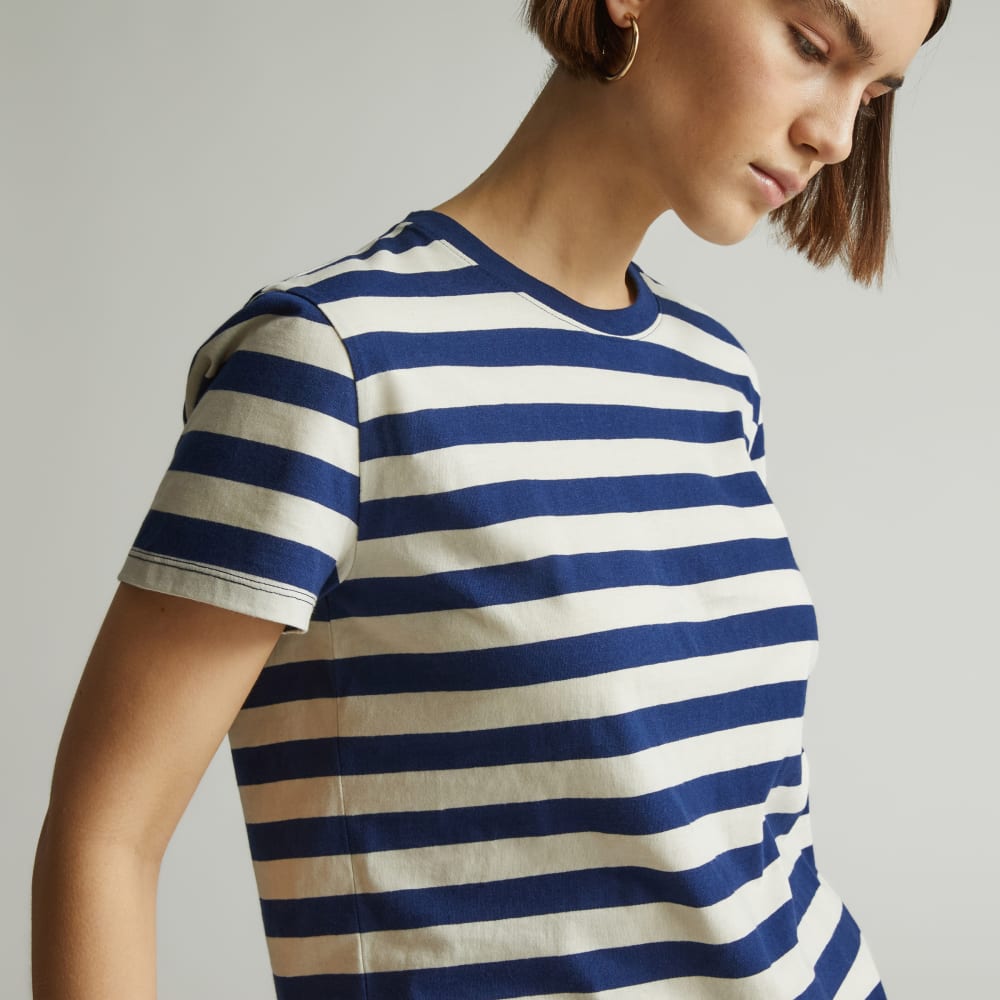 The Box-Cut Tee in Essential Cotton in Ocean Cavern / Canvas Tan — detail view