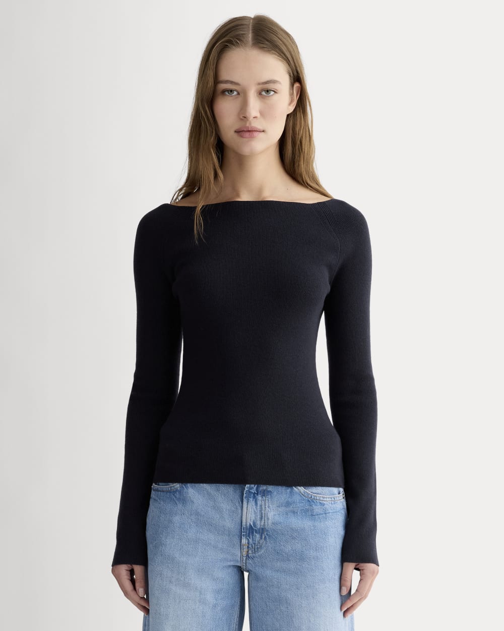 The Knit Boatneck Top in Navy — front view
