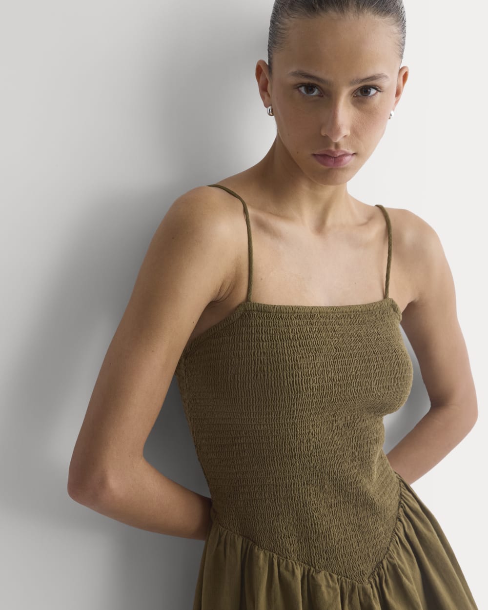 Gauze Smocked Mini Dress in Beech — detail view