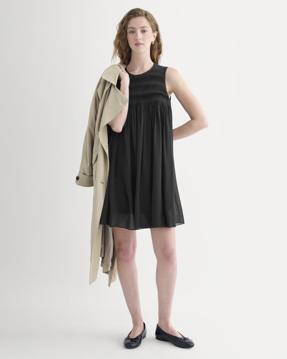 Twisted Pleated Mini Dress in Silk Georgette in Black — detail view