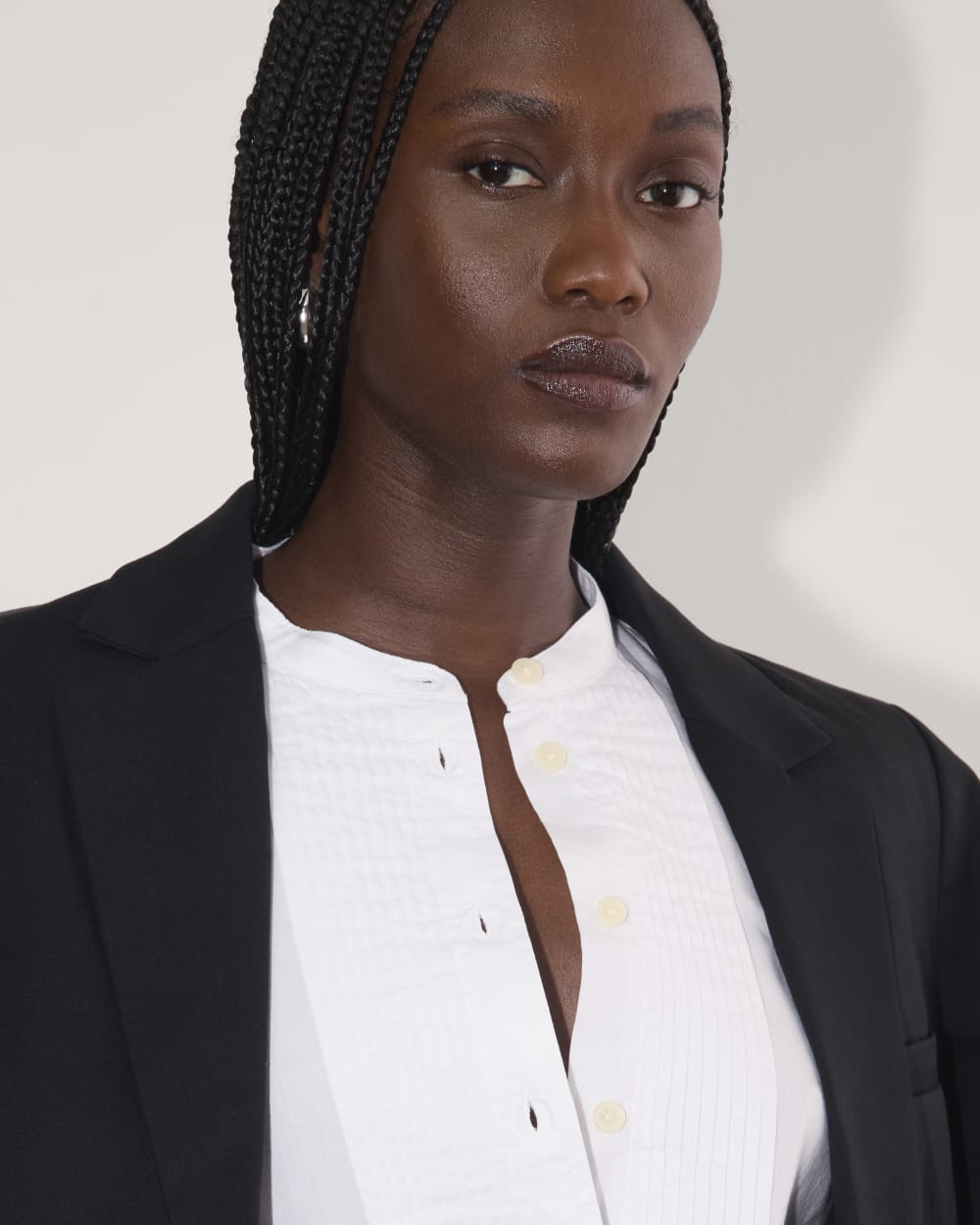 The Tuxedo Shirt in Silky Cotton in White — detail view