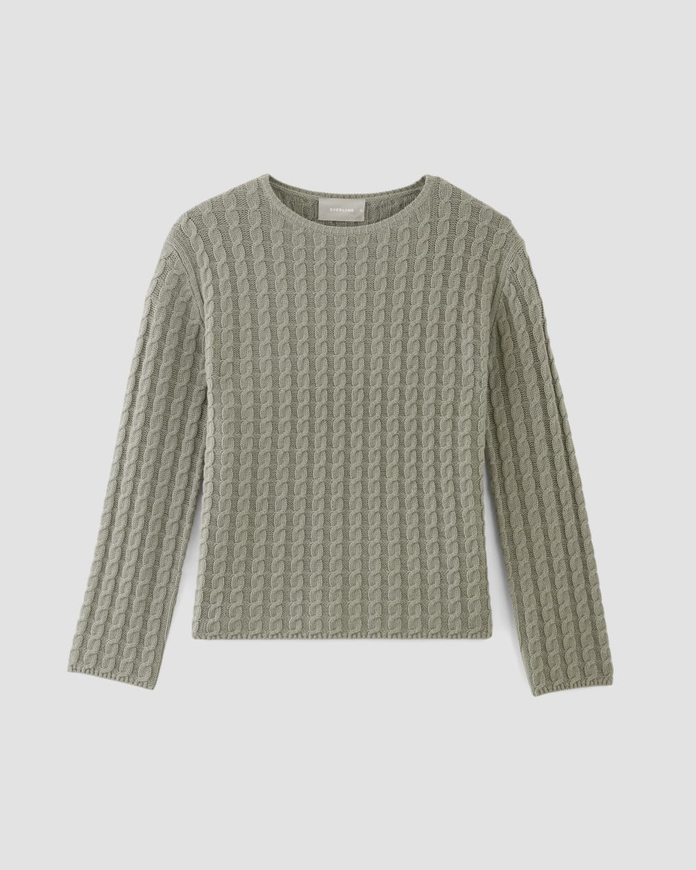 The Cotton Merino Cable Crew in Sage Green — alternate view