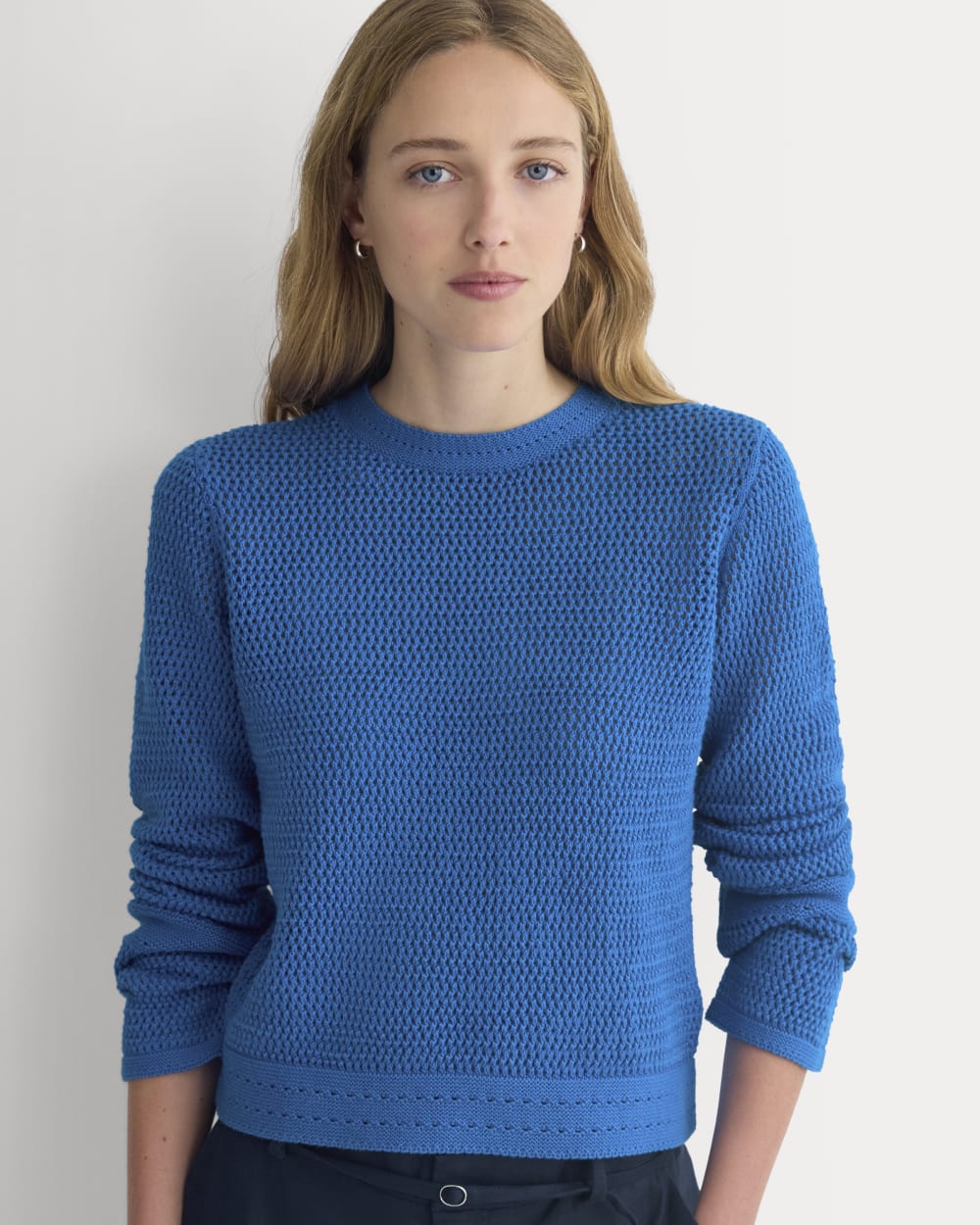 Open Knit Long-Sleeve Crew in Everyday Cotton in Imperial Blue — detail view