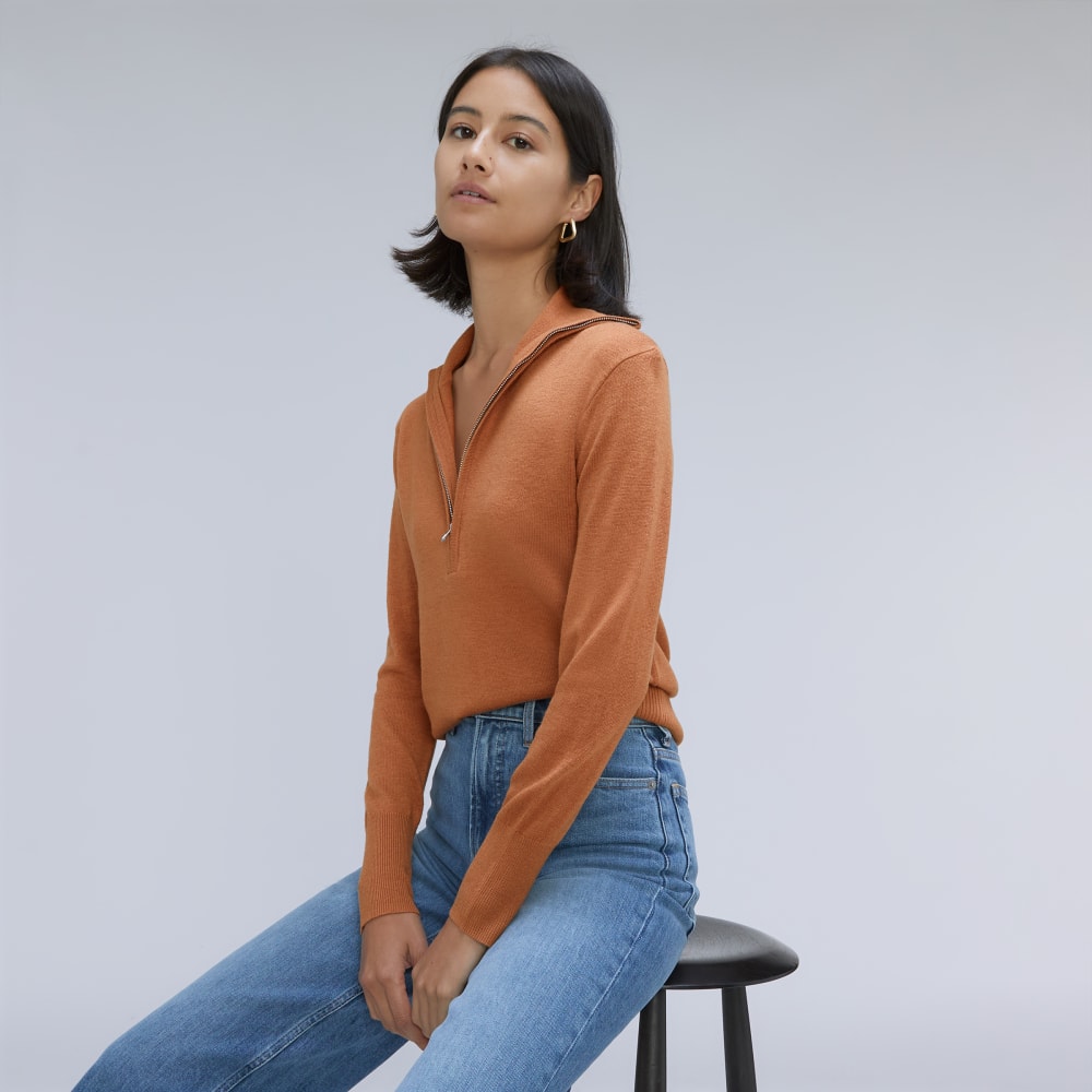 The Luxe Merino Half-Zip Sweater in Tawny Brown — detail view