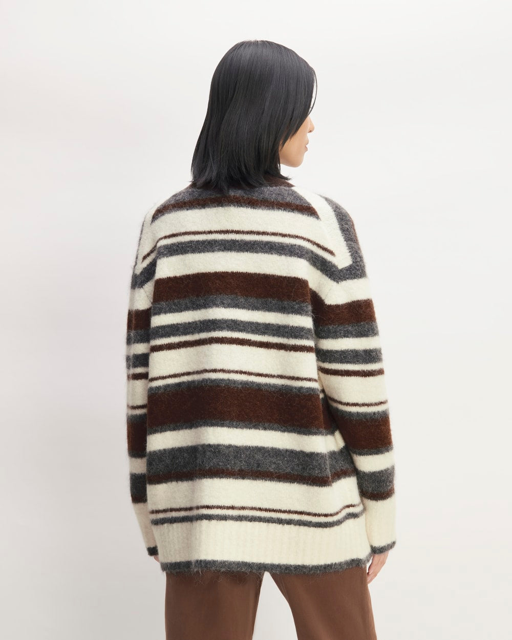 The SuperFuzz Alpaca Cardigan in Bone / Hot Fudge / Heather Charcoal — detail view