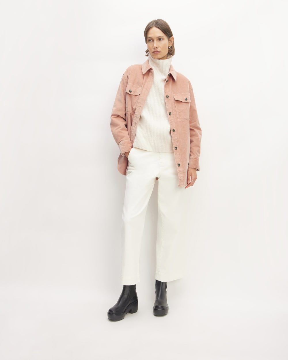 The Corduroy Oversized Shirt Jacket in Blush Pink — detail view