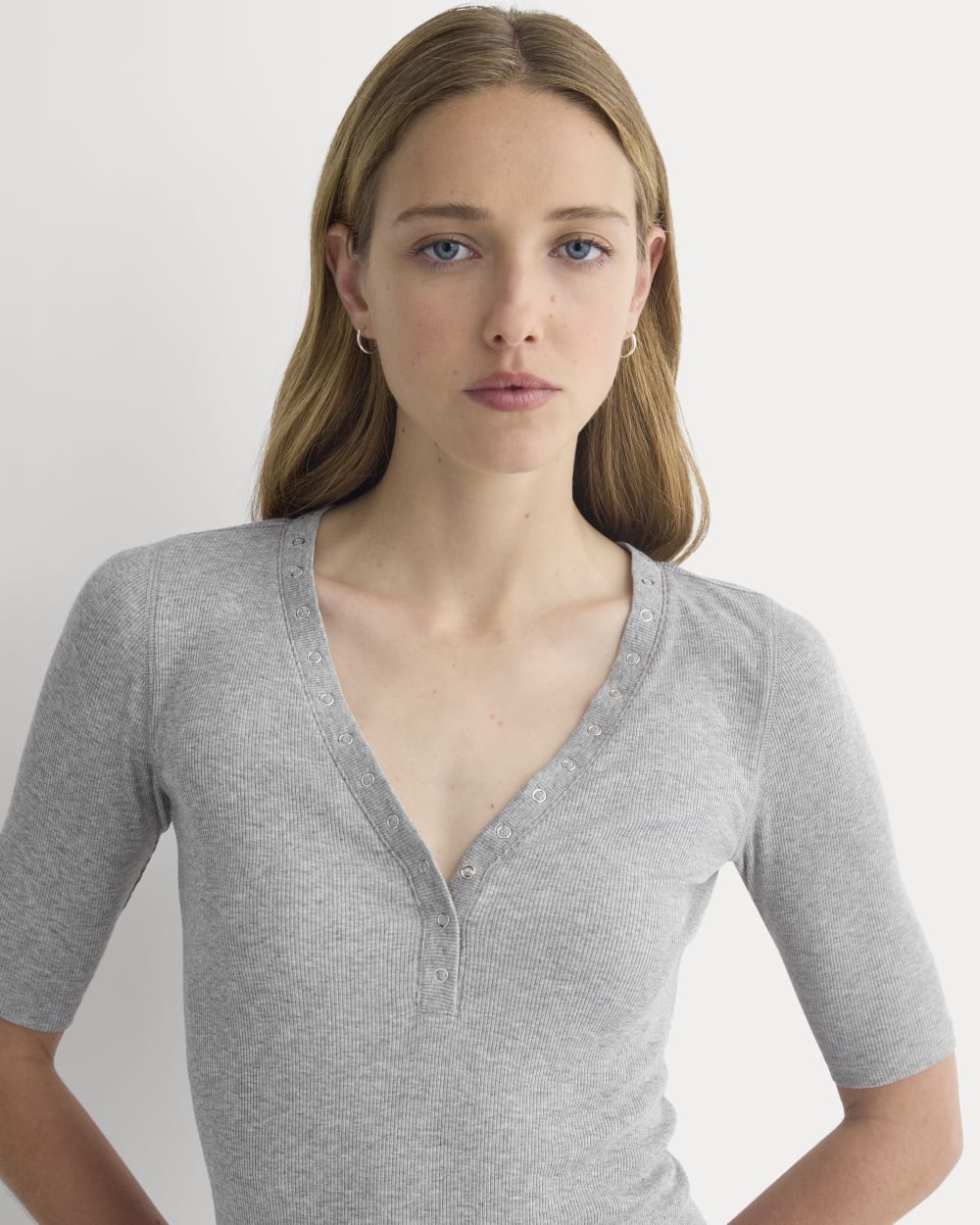 Luxe Rib V-Neck Henley in Heathered Light Grey — detail view
