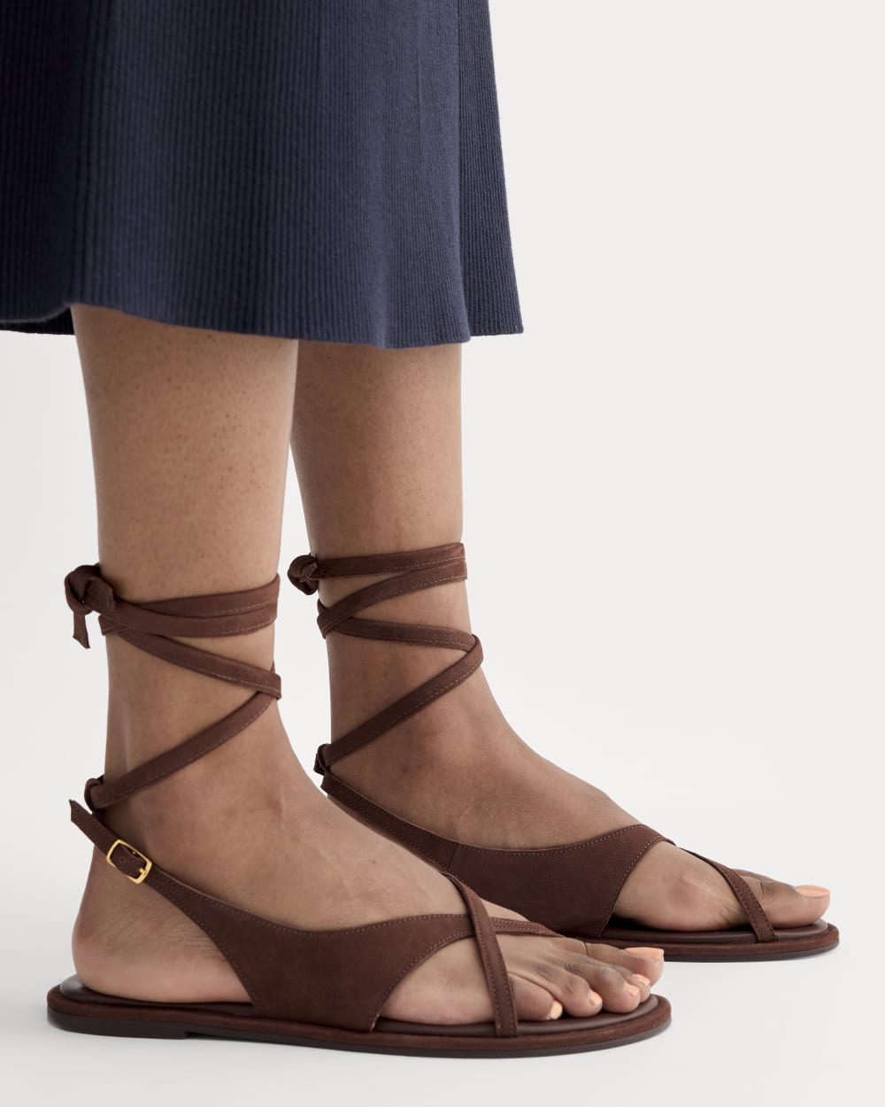 The Leather Crisscross Sandal in Burnt Umber — detail view