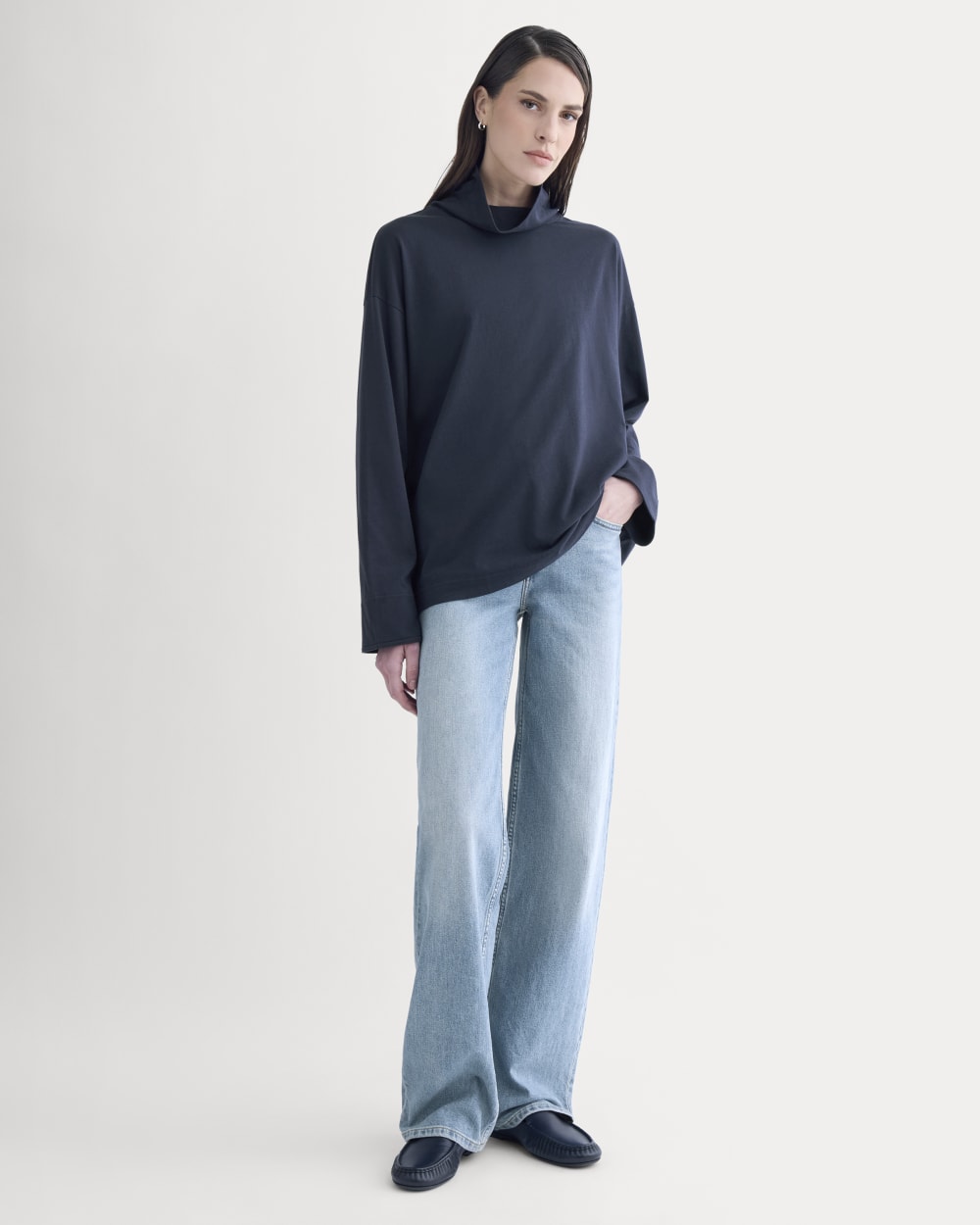 Slouchy Turtleneck In Essential Cotton in Deep Navy — detail view